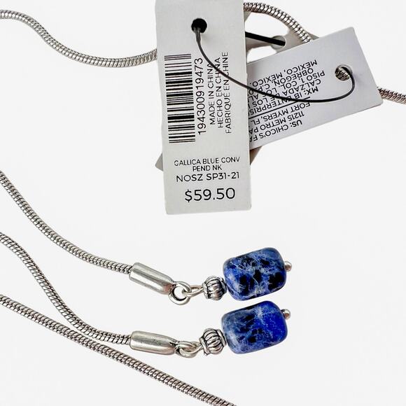 Chicos Beaded Pendant Necklace Tags Blue Silver Tone Pull Adjustable Slide Chain - Picture 10 of 10